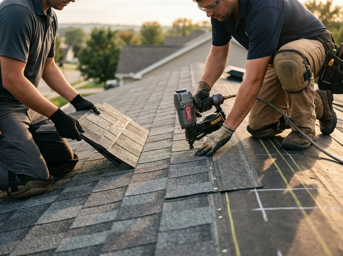 Professional roofer working on a residential roof in Cedar Park